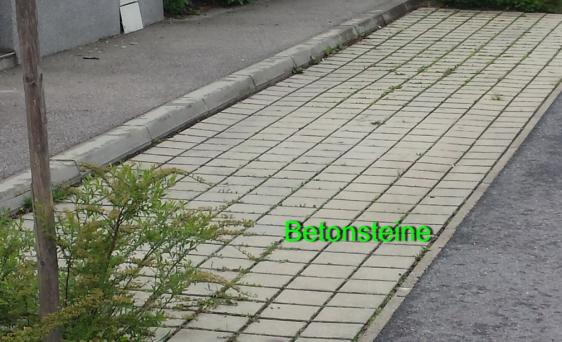 Ein breiter, gepflasterter Weg aus Betonsteinen zwischen Bordstein und Asphalt.